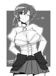 Rule 34 | 1girl, bad id, bad twitter id, boudica (fate), breasts, cleavage, cleavage cutout, clothing cutout, corset, cowboy shot, earrings, fate/grand order, fate (series), greyscale, heart, high collar, hiiragi (jhug8877), jewelry, juliet sleeves, large breasts, long sleeves, monochrome, one eye closed, ponytail, puffy sleeves, screentones, shrug (clothing), smile, solo