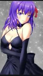 Rule 34 | 1girl, argyle, argyle clothes, argyle cutout, artoria pendragon (all), artoria pendragon (fate), black dress, black gloves, breasts, character cutout, choker, cleavage, clothing cutout, collarbone, cosplay, dress, elbow gloves, fate/stay night, fate (series), gloves, hair ribbon, halterneck, highres, long hair, looking at viewer, mark (markland01), matou sakura, medium breasts, purple eyes, purple hair, red ribbon, ribbon, saber alter, saber alter (cosplay), sleeveless, sleeveless dress, solo, standing, upper body