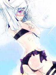 Rule 34 | 10s, 1girl, ass, bikini, blaze (blazeillust), blush, from behind, infinite stratos, laura bodewig, looking back, red eyes, silver hair, solo, swimsuit, thigh strap, twintails