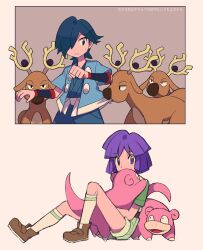 Rule 34 | 2boys, belt, black wristband, blue hair, blue jacket, blue kimono, brown background, brown belt, brown footwear, bugsy (pokemon), creatures (company), falkner (pokemon), game freak, gen 1 pokemon, gen 2 pokemon, green shirt, green shorts, hair over one eye, haori, highres, holding, holding pokemon, jacket, japanese clothes, kimono, kneehighs, male focus, multiple boys, nintendo, open clothes, open jacket, parted lips, pokemon, pokemon (creature), pokemon hgss, purple eyes, purple hair, sash, shirt, shoes, short hair, short sleeves, shorts, sitting, slowpoke, socks, stantler, translation request, tyako 089, wristband