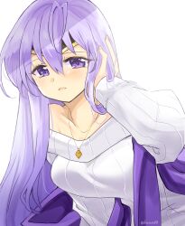 Rule 34 | 1girl, alternate costume, bare shoulders, circlet, fire emblem, fire emblem: genealogy of the holy war, hand on own face, jewelry, julia (fire emblem), leaning forward, long hair, necklace, nintendo, open mouth, purple eyes, purple hair, simple background, smile, solo, yukia (firstaid0)