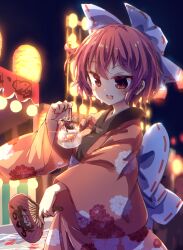 Rule 34 | 1girl, animal, blue bow, blush, bow, commentary request, fish, floral print, goldfish, hair bow, hand fan, highres, holding, holding fan, isu (is88), japanese clothes, kimono, lantern, long sleeves, obi, open mouth, outdoors, paper fan, paper lantern, partial commentary, print kimono, red eyes, red hair, red kimono, sash, sekibanki, short hair, smile, solo, summer festival, touhou, uchiwa, wide sleeves