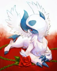 Rule 34 | absol, claws, commentary request, creatures (company), flower, full body, game freak, gen 3 pokemon, kikuyoshi (tracco), looking at viewer, lying, nintendo, no humans, on stomach, pokemon, pokemon (creature), red eyes, red flower, solo, white fur