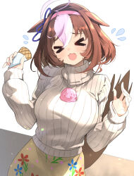 &gt;_&lt; 1girl ahoge animal_ears brown_hair brown_skirt closed_eyes commentary_request ears_down facing_viewer floral_print flying_sweatdrops food food_on_body food_on_breasts hair_between_eyes hairband head_tilt highres holding holding_food horse_ears horse_girl horse_tail ice_cream ice_cream_cone long_sleeves meisho_doto_(umamusume) meyamu multicolored_hair open_mouth pink_hairband print_skirt puffy_long_sleeves puffy_sleeves ribbed_sweater skirt sleeves_past_wrists solo spill stiff_tail sweater tail turtleneck turtleneck_sweater two-tone_hair umamusume white_hair white_sweater