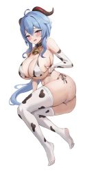 Rule 34 | 1girl, absurdres, ahoge, animal print, arm support, ass, bell, bikini, blue hair, blush, breasts, bridal gauntlets, brown collar, collar, cow print, cowbell, curled horns, full body, ganyu (genshin impact), genshin impact, goat horns, grabbing own breast, hair ornament, has bad revision, has downscaled revision, highres, horns, jag ging, large breasts, long hair, looking at viewer, lying, md5 mismatch, mole, mole on ass, navel, neck bell, no shoes, on side, open mouth, print bikini, print thighhighs, purple eyes, raised eyebrows, resolution mismatch, side-tie bikini bottom, simple background, skindentation, solo, source smaller, strap gap, sweat, swimsuit, thighhighs, white background