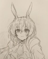 Rule 34 | 1girl, absurdres, amiya (arknights), animal ears, arknights, ascot, blush, closed mouth, commentary request, eyes visible through hair, graphite (medium), greyscale, hair between eyes, hatching (texture), highres, linear hatching, long hair, looking at viewer, mizhou70865, monochrome, photo (medium), rabbit ears, rabbit girl, sketch, smile, solo, split mouth, traditional media, upper body