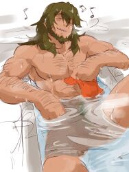 Rule 34 | 1boy, abs, bara, bathing, bathtub, beard, closed eyes, commentary, completely nude, dragalia lost, english commentary, facial hair, highres, holding cloth, joe (dragalia lost), male focus, muscular, muscular male, musical note, nipples, nude, open mouth, pectorals, piikeisandaa, sparse arm hair, sparse chest hair