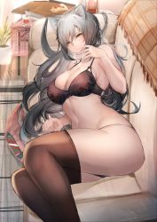Rule 34 | 1girl, absurdres, animal ears, arknights, black bra, black thighhighs, bra, breasts, cat ears, commentary, couch, dated commentary, feet out of frame, food, highres, indoors, large breasts, long hair, looking at viewer, lying, navel, parted lips, pizza, pizza box, pizza slice, schwarz (arknights), silver hair, solo, stomach, thighhighs, thighs, underwear, underwear only, very long hair, yellow eyes, yujieai
