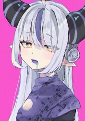 Rule 34 | 1girl, absurdres, ahoge, chinese clothes, chromatic aberration, cleavage cutout, clothing cutout, colored tongue, demon girl, demon horns, drooling, earrings, eyes visible through hair, fang, film grain, from side, hair bun, heart, heart-shaped pupils, highres, hololive, horns, jewelry, la+ darknesss, long hair, looking at viewer, multicolored hair, nemuta muu, open mouth, pink background, pointy ears, purple tongue, saliva, saliva trail, single earring, solo, streaked hair, symbol-shaped pupils, upper body, very long hair, virtual youtuber, white hair, yellow eyes