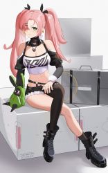 Rule 34 | 1girl, absurdres, arm support, bare shoulders, black footwear, black pantyhose, black ribbon, black shorts, boots, breasts, briefcase, cleavage, clothing cutout, commentary request, crop top, cutoffs, gnx2332, green eyes, hair over one eye, hair ribbon, highres, long hair, long sleeves, looking at viewer, medium breasts, midriff, mole, mole under eye, navel, nicole demara, pantyhose, pink hair, ribbon, shirt, shorts, shoulder cutout, single leg pantyhose, sitting, smile, solo, stomach, thighs, twintails, very long hair, white shirt, zenless zone zero
