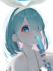 Rule 34 | 1girl, alternate costume, arona (blue archive), bare shoulders, blue archive, blue hair, bow, commentary, eyebrows hidden by hair, food, full body, halo, highres, light blue hair, looking at viewer, open mouth, popsicle, smile, solo, tachibana shiori (suica 112), upper body, wet, white background