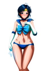 Rule 34 | 1girl, bare shoulders, bishoujo senshi sailor moon, blue bow, blue eyes, blue hair, blue sailor collar, bow, bra, breasts, cameltoe, choker, cleavage, cowboy shot, earrings, elbow gloves, gloves, grimbyslayer, groin, hand on own chest, highres, jewelry, light smile, looking at viewer, magical girl, matching hair/eyes, medium breasts, mizuno ami, navel, panties, sailor collar, sailor mercury, sailor moon narikiri bra set, short hair, simple background, solo, standing, stomach, thigh gap, tiara, transparent background, underwear, underwear only, water, white background, white gloves