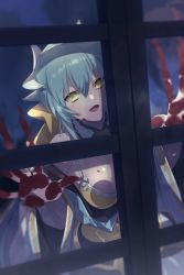 Rule 34 | 1girl, against glass, against window, bikini, blood, blood on face, blood on hands, blush, bow, breast press, breasts, breasts on glass, commentary request, dragon girl, dragon horns, echo (circa), fate/grand order, fate (series), frilled bikini, frills, green hair, hair between eyes, hair bow, horns, japanese clothes, kimono, kiyohime (fate), kiyohime (fate/grand order), kiyohime (swimsuit lancer) (fate), kiyohime (swimsuit lancer) (first ascension) (fate), long hair, looking at viewer, medium breasts, multiple horns, obi, off shoulder, open mouth, sash, solo, swimsuit, wide sleeves, window, yandere, yellow bikini, yellow bow, yellow eyes