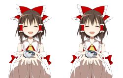 Rule 34 | ascot, bow, brown hair, closed eyes, commentary, detached sleeves, fish, hair bow, hair tubes, hakurei reimu, rin (royal), severed head, simple background, smile, solo, stereogram, touhou