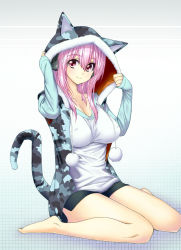 Rule 34 | 1girl, animal hood, bad id, bad pixiv id, bare legs, barefoot, blush, breasts, cat hood, collarbone, colorized, headphones, hood, impossible clothes, impossible shirt, large breasts, miniskirt, nitroplus, pink eyes, pink hair, reeto (panama), shirt, sitting, skirt, smile, solo, super sonico, tail, wariza