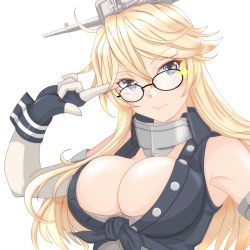 Rule 34 | 1girl, absurdres, bespectacled, black-framed eyewear, blonde hair, blue eyes, breasts, cleavage, commentary request, fingerless gloves, front-tie top, glasses, gloves, headgear, highres, index finger raised, iowa (kancolle), kantai collection, large breasts, looking at viewer, nitamako (sakamalh), simple background, smile, solo, star-shaped pupils, star (symbol), symbol-shaped pupils, upper body, white background
