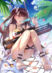 Rule 34 | 1girl, alternate costume, ass, bare shoulders, beach, blue sky, blush, breasts, bullpup, cleavage, cloud, collarbone, commentary, day, feet, food, framed breasts, full body, girls&#039; frontline, gun, hair ribbon, head tilt, himonoata, long hair, looking at viewer, medium breasts, midriff, one eye closed, one side up, open mouth, outdoors, palm tree, popsicle, red eyes, ribbon, rifle, sandals, sarong, sitting, sky, sniper rifle, solo, swimsuit, thigh strap, thighs, toes, tree, tropical, tsurime, underboob, wa2000 (girls&#039; frontline), weapon