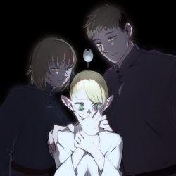 Rule 34 | 2girls, black background, blonde hair, breasts, broken egg, brother and sister, brown hair, covered mouth, covering own mouth, dark, dripping, dungeon meshi, egg, elf, empty eyes, falin touden, falin touden (tallman), furrowed brow, green eyes, hand on another&#039;s neck, hand on another&#039;s shoulder, hand on own face, hand over eye, hand over own mouth, hands up, highres, kuntama11, laios touden, light brown hair, long sleeves, looking at another, looking at hand, looking away, looking down, marcille donato, multiple girls, own hands together, parted lips, pointy ears, robe, short hair, siblings, simple background, smile, sweat, undercut, upper body, worried, yellow eyes