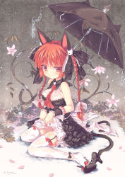 Rule 34 | 1girl, absurdres, alternate costume, animal ears, bow, braid, cat ears, cat girl, cat tail, chain, clothes lift, dress, dress lift, female focus, footwear bow, frills, frown, full body, garter straps, hair bow, high heels, highres, kaenbyou rin, lock, lolita fashion, multiple tails, nekomata, no panties, north abyssor, red eyes, red hair, shoe dangle, shoes, signature, sitting, solo, tail, thighhighs, touhou, twin braids, twintails, umbrella, wariza, white thighhighs, wrist cuffs