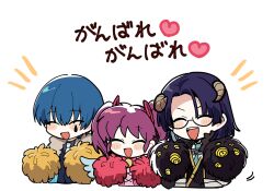 Rule 34 | 1girl, 2boys, black jacket, black vest, blue hair, blue jacket, blue vest, chibi, closed eyes, collared shirt, commentary request, dark blue hair, e.g.o (project moon), employee (project moon), fur-trimmed jacket, fur trim, glasses, grey shirt, hair ribbon, heart, holding, holding pom poms, horns, jacket, lobotomy corporation, medu (rubish), multiple boys, necktie, open clothes, open jacket, open mouth, pink ribbon, pink shirt, pom pom (cheerleading), pom poms, project moon, purple hair, red ribbon, ribbon, shirt, short hair, short twintails, simple background, smile, teardrop facial mark, translation request, twintails, vest, white background, white necktie, white shirt