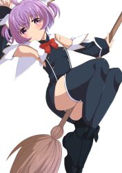 Rule 34 | absurdres, armpits, arms up, breasts, broom, broom riding, detached sleeves, highres, myu (quiz magic academy), oi tie, purple eyes, purple hair, quiz magic academy, school uniform, small breasts, solo, thighhighs, two side up