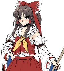 Rule 34 | 1girl, absurdres, armpit peek, ascot, bare shoulders, blush, bow, breasts, brown eyes, cowboy shot, detached sleeves, frills, gohei, hair bow, hair tubes, hakurei reimu, highres, holding, holding stick, kuya (hey36253625), long hair, looking ahead, medium breasts, red bow, ribbon-trimmed sleeves, ribbon trim, sarashi, simple background, sketch, smile, solo, stick, touhou, unfinished, white background