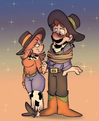 Rule 34 | 1boy, 1girl, belt, blue eyes, blush, boots, breasts, brown hair, cowboy hat, earrings, facial hair, flower earrings, full body, hat, jewelry, looking at another, luigi, mario (series), mustache, nervous, nintendo, princess daisy, rope, scarf, tomboy