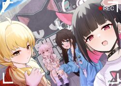 Rule 34 | after-school sweets club (blue archive), airi (band) (blue archive), airi (blue archive), animal ears, black choker, black hair, black mask, blonde hair, blue archive, blue eyes, blue jacket, blunt bangs, blush, brown eyes, bureoeve, cat ears, choker, closed mouth, commentary request, double v, earrings, extra ears, hand up, hands up, highres, jacket, jewelry, kazusa (band) (blue archive), kazusa (blue archive), long hair, long sleeves, looking at viewer, low twintails, mask, mask around neck, mouth mask, natsu (band) (blue archive), natsu (blue archive), official alternate costume, open clothes, open jacket, open mouth, outdoors, pink eyes, pink hair, ponytail, recording, shirt, sitting, skirt, slit pupils, smile, socks, stud earrings, twintails, v, white shirt, white skirt, white socks, yoshimi (band) (blue archive), yoshimi (blue archive)