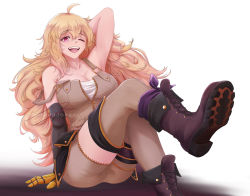 Rule 34 | 1girl, :d, absurdres, ahoge, arm behind head, arm support, arm up, armpit crease, armpits, blonde hair, boots, breasts, cleavage, clip studio paint (medium), cross-laced footwear, hair between eyes, highres, knees up, large breasts, leg up, long hair, looking at viewer, messy hair, moddedjoker, one eye closed, open mouth, prosthesis, prosthetic arm, purple eyes, purple footwear, rwby, sitting, smile, solo, strap slip, teeth, upper teeth only, yang xiao long, zipper