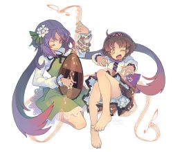 Rule 34 | 2girls, barefoot, biwa lute, brown hair, commentary request, feet, fingernails, flower, hair flower, hair ornament, hairband, highres, instrument, long fingernails, long hair, lute (instrument), morino hon, multiple girls, music, musical note, one eye closed, open mouth, photoshop (medium), playing instrument, purple eyes, purple hair, short hair, siblings, sisters, skirt, smile, touhou, tsukumo benben, tsukumo yatsuhashi, twintails, yellow eyes