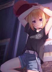 Rule 34 | 1girl, against wall, arms up, baseball cap, belt, black shirt, blonde hair, blue shorts, candy, chloe (princess connect!), choker, elf, food, hat, highres, indoors, knee up, leaning back, lollipop, long hair, mouth hold, pink eyes, pointy ears, princess connect!, red hat, setmen, shirt, short shorts, short sleeves, shorts, solo, t-shirt, twintails, unworn headwear