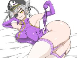 Rule 34 | 1girl, armpits, ass, bare shoulders, bed, blush, bra, unworn bra, braid, breasts, chinese clothes, elbow gloves, eyepatch, female focus, garter belt, gloves, grey hair, hat, lingerie, long hair, long twintails, looking at viewer, lying, mole, ohako, on side, original, purple gloves, solo, thighhighs, thighs, twin braids, twintails, underwear, white thighhighs, yellow eyes