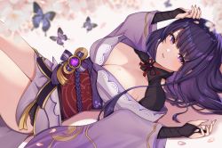 Rule 34 | 1girl, arms up, blurry, blurry background, blush, breasts, bridal gauntlets, bug, butterfly, cleavage, depth of field, from side, genshin impact, highres, insect, japanese clothes, kimono, kimono pull, knees up, large breasts, long hair, long sleeves, looking at viewer, looking to the side, lying, nail polish, neck ribbon, obi, on back, parted lips, petals, purple eyes, purple hair, purple kimono, purple nails, raiden shogun, red ribbon, revision, ribbon, sash, sayosigure, short kimono, shrug (clothing), smile, solo, tassel, vision (genshin impact), wide sleeves