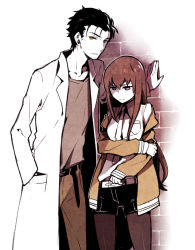Rule 34 | 1boy, 1girl, against wall, black hair, brown hair, facial hair, height difference, holding own arm, jacket, lab coat, pantyhose under shorts, makise kurisu, misti, necktie, okabe rintarou, pantyhose, partially colored, shorts, steins;gate, stubble, yellow eyes