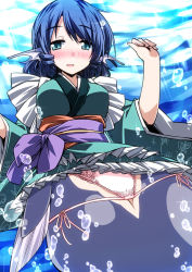 Rule 34 | 1girl, blue hair, blush, fins, head fins, hemogurobin a1c, japanese clothes, kimono, lace, lace-trimmed panties, lace trim, long sleeves, looking at viewer, mermaid, monster girl, obi, open mouth, panties, sash, short hair, side-tie panties, smile, solo, touhou, underwear, wakasagihime, wide sleeves