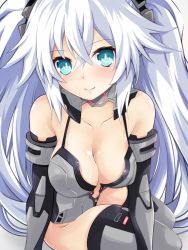 Rule 34 | bare shoulders, black heart (neptunia), bodysuit, boots, breasts, cleavage, collar, green eyes, hair ornament, hairclip, iwashi dorobou -r-, long hair, medium breasts, neptune (series), noire (neptunia), smile, thighs, tsundere, twintails, white hair