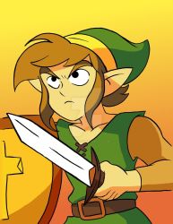 Rule 34 | 1boy, angry, belt, frown, hat, highres, holding, holding sword, holding weapon, link, nintendo, pointy ears, shield, sidelocks, solo, standing, sword, the legend of zelda, upper body, weapon, zelda ii: the adventure of link