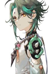 Rule 34 | 1boy, ahoge, armor, artist name, bare shoulders, black hair, closed mouth, commentary request, crystal, detached sleeves, eyeliner, eyes visible through hair, genshin impact, gold, green hair, grey shirt, hair between eyes, highres, jewelry, long sleeves, looking away, male focus, multicolored hair, necklace, pearl necklace, red eyeliner, shiraishi (siraisi00), shirt, short hair, shoulder armor, sidelocks, simple background, single detached sleeve, sleeveless, sleeveless shirt, solo, standing, tassel, two-tone hair, v-shaped eyebrows, vision (genshin impact), white background, wide sleeves, xiao (genshin impact), yellow eyes