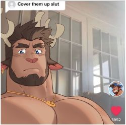 Rule 34 | 1boy, animal ears, antlers, bara, beard, blue eyes, blush, brown hair, cheschirebacon, cover them up slut (meme), dark-skinned male, dark skin, facial hair, forked eyebrows, goat boy, goat ears, goat horns, highres, horns, indoors, jewelry, looking at viewer, male focus, mature male, meme, muscular, muscular male, necklace, original, ring, ring necklace, short hair, sideburns, snout, solo, thick eyebrows, upper body
