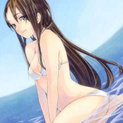 Rule 34 | 1girl, bad id, bad pixiv id, bare shoulders, bikini, blue sky, breasts, brown eyes, brown hair, cleavage, day, dutch angle, kazuyu-c, long hair, looking at viewer, medium breasts, original, partially submerged, seiza, sitting, sky, solo, swimsuit, water, white bikini