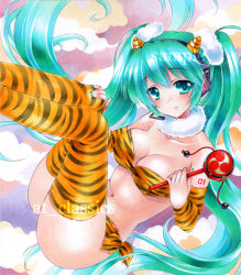 Rule 34 | 1girl, animal print, artist name, at classics, breasts, detached sleeves, green eyes, green hair, hatsune miku, headset, horns, large breasts, legs up, long hair, marker (medium), matching hair/eyes, navel, rattle drum, sample watermark, solo, thighhighs, thighs, tiger print, traditional media, twintails, very long hair, vocaloid, watermark