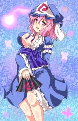 Rule 34 | 1girl, breasts, cleavage, covering privates, dress, hand fan, female focus, ghost, hat, hip focus, large breasts, legs, moisture (chichi), no bra, pink eyes, pink hair, saigyouji yuyuko, shirt, short hair, solo, standing, touhou, wide hips