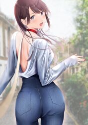 Rule 34 | 1girl, absurdres, animal collar, ao miya, ass, back, backless outfit, blue pants, blurry, blurry background, breasts, brown hair, collar, day, denim, from behind, grey eyes, high-waist pants, highres, jeans, leash, long hair, long sleeves, looking at viewer, looking back, medium breasts, open mouth, original, outdoors, pants, pet play, pov, red collar, red nails, shirt, sleeves past wrists, smile, solo, swept bangs, viewer holding leash, white shirt