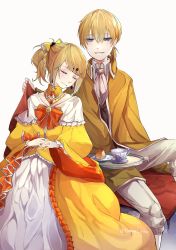 Rule 34 | aku no meshitsukai (vocaloid), aku no musume (vocaloid), ascot, blonde hair, blue eyes, bow, brioche, brooch, brother and sister, choker, closed eyes, closed mouth, cup, dress, dress bow, earrings, evillious nendaiki, frilled choker, frills, hair bow, half-closed eyes, highres, jacket, jewelry, kagamine len, kagamine rin, leaning on person, orange bow, pale skin, pants, parted lips, short ponytail, siblings, sidelocks, sitting, sleeping, sleeping on person, smile, swept bangs, tea, teacup, teapot, tomari drew, twins, twitter username, vocaloid, white pants, wide sleeves, yellow bow, yellow choker, yellow dress, yellow jacket