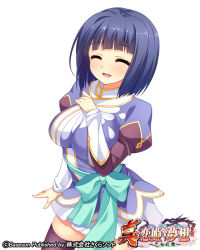 Rule 34 | 1girl, black hair, black thighhighs, blue shirt, breasts, copyright name, closed eyes, ganryou, hand on own chest, koihime musou, official art, open mouth, pochadon, ribbon, shirt, short hair, skirt, smile, solo, thighhighs, white skirt