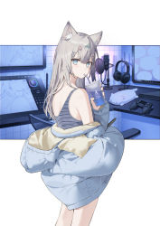 Rule 34 | 1girl, animal ear fluff, animal ears, bare shoulders, blue eyes, blush, cat ears, chair, commission, controller, cowboy shot, cup, desk, drawing tablet, drinking, from side, game console, hair ornament, hand up, headphones, highres, holding, holding cup, hood, jacket, kitada mo, letterboxed, looking at viewer, looking to the side, medium hair, microphone, monitor, original, outside border, pink hair, playstation 4, shirt, sidelocks, skeb commission, sleeveless, sleeveless shirt, solo, standing, stuffed animal, stuffed toy, thighs, x hair ornament