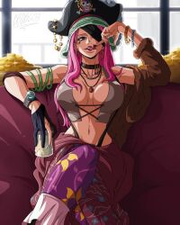 Rule 34 | 1girl, alternate costume, bare shoulders, bbdbg03, bikini, breasts, cleavage cutout, clothing cutout, eyepatch, female focus, gloves, hat, highres, jacket, jewelry bonney, large breasts, lipstick, log pose, looking at viewer, makeup, midriff, navel, one piece, ornament, piercing, pink hair, pirate, pirate costume, pirate hat, purple eyes, solo, swimsuit, thick thighs, thighs