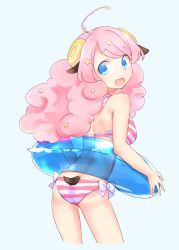 Rule 34 | ahoge, animal ears, ass, ass focus, bikini, blue eyes, blush, innertube, kyuuri (miyako), long hair, looking back, moa (show by rock!!), open mouth, pink hair, sheep ears, show by rock!!, simple background, smile, solo, star (symbol), striped bikini, striped clothes, swim ring, swimsuit