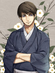 Rule 34 | 1boy, black kimono, brown hair, closed mouth, commentary request, crossed arms, dated, facial hair, flower, grey background, japanese clothes, kimono, kouno kb, long sleeves, looking at viewer, male focus, meitantei conan, purple eyes, scotch (meitantei conan), short hair, signature, smile, solo, stubble, upper body, white flower, wide sleeves