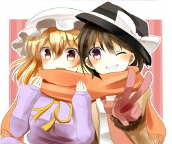 Rule 34 | 2girls, black hair, blonde hair, bow, brown eyes, gloves, grin, hat, hat bow, indo (mdtanaka2007), jacket, long sleeves, maribel hearn, mob cap, multiple girls, one eye closed, open clothes, open jacket, orange scarf, pink gloves, purple eyes, scarf, shared clothes, shared scarf, shirt, smile, sweater, touhou, usami renko, v